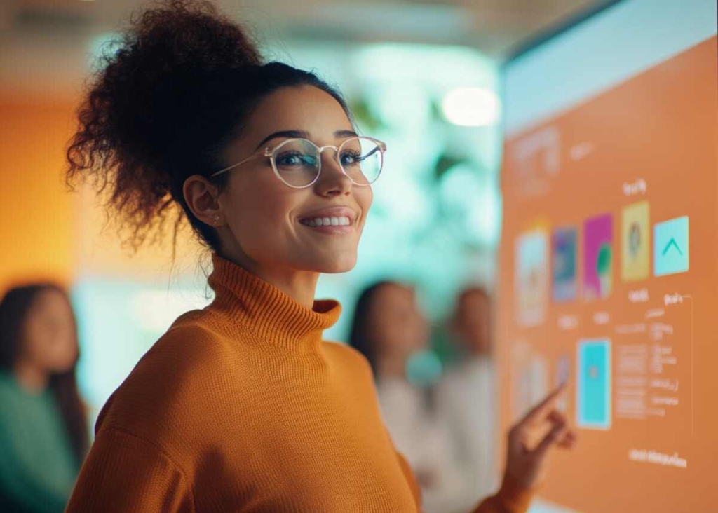 Woman look at monitor and see Ad Creatives.