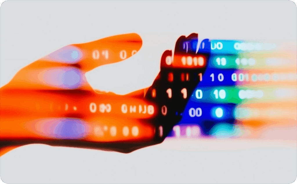 hand with code numbers show connection between human and AI