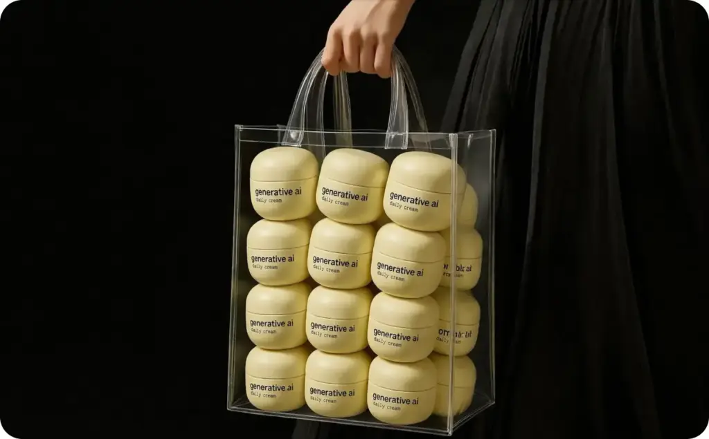 Minimalist product-style image of a hand holding a transparent bag filled with neatly stacked cream jars labeled “generative ai,” representing Generative AI for advertising in a clean, modern aesthetic with a dark background.