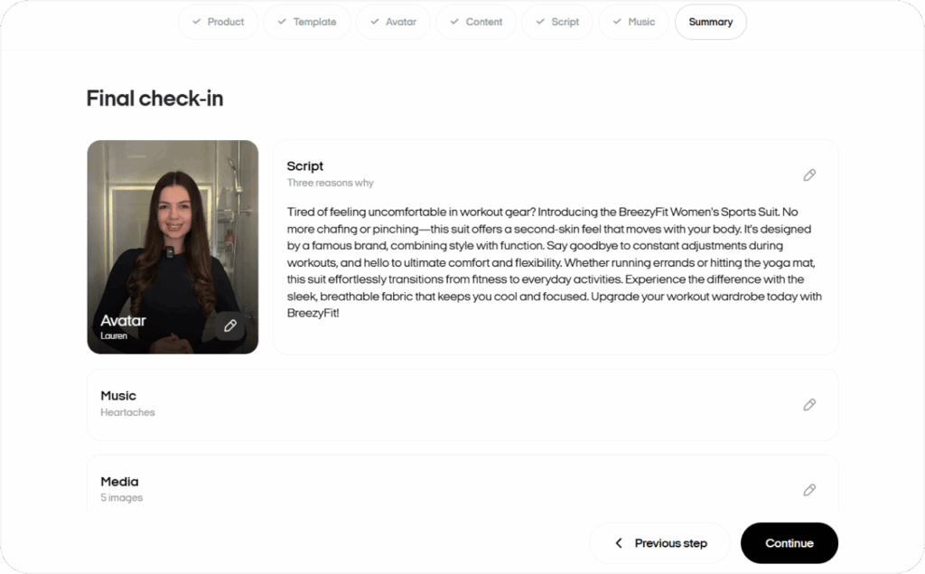 Screenshot of Zeely AI interface at the last step in generating AI video
