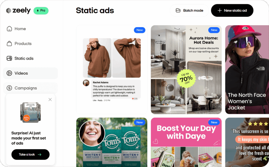 Screenshot of Zeely AI static ads templates