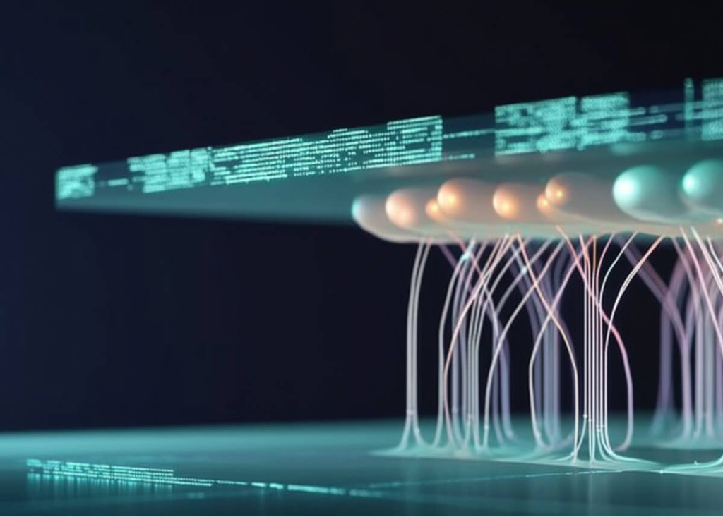 A system consisting of two luminous blue elements that are connected by white elements