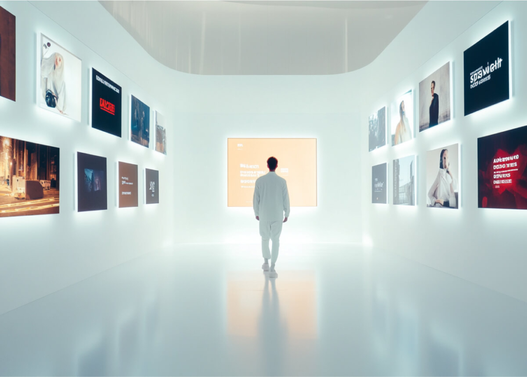 A man in white clothes walks through a white room towards a screen. There are screens hanging on the walls of the room.