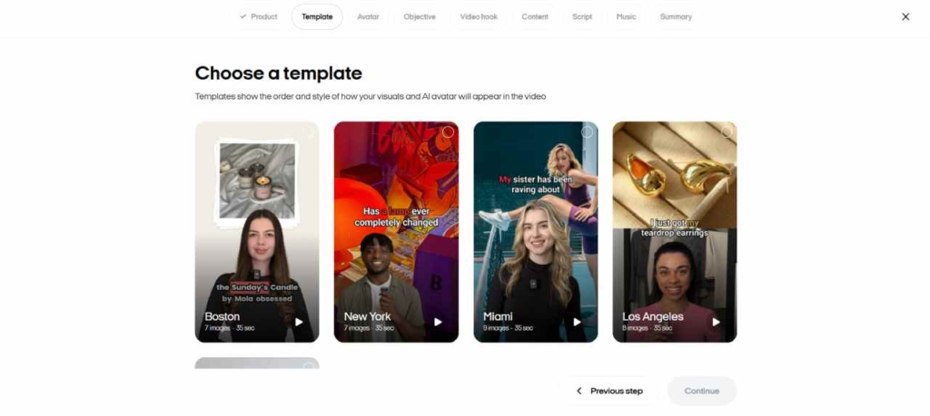 Zeely web interface when choosing a template for video ad