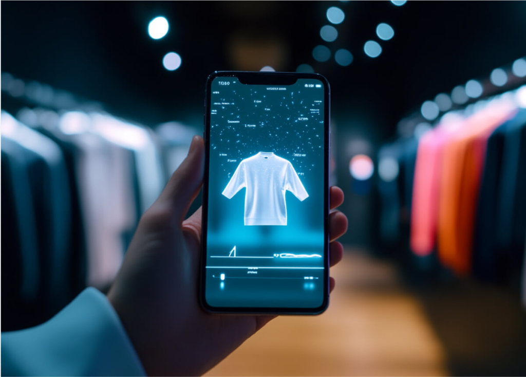 A man in a clothing store. He is holding a phone in his hand. A T-shirt is shown on the screen. There are racks of clothes in the background of the hand with the phone.