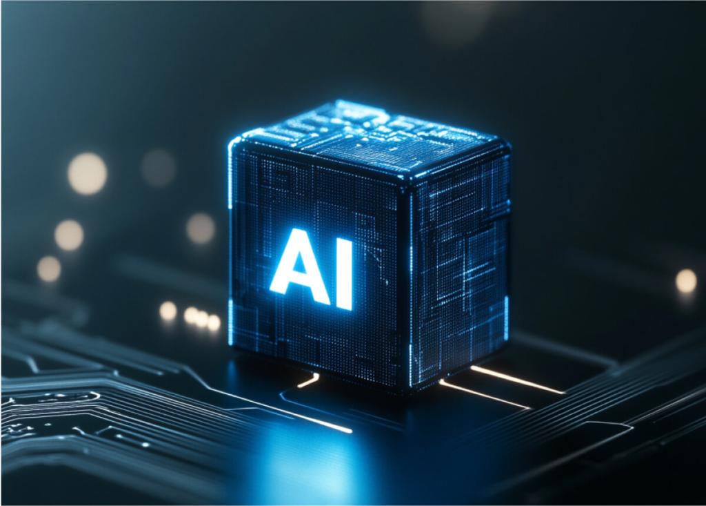 Blue cube with glowing AI inscription
