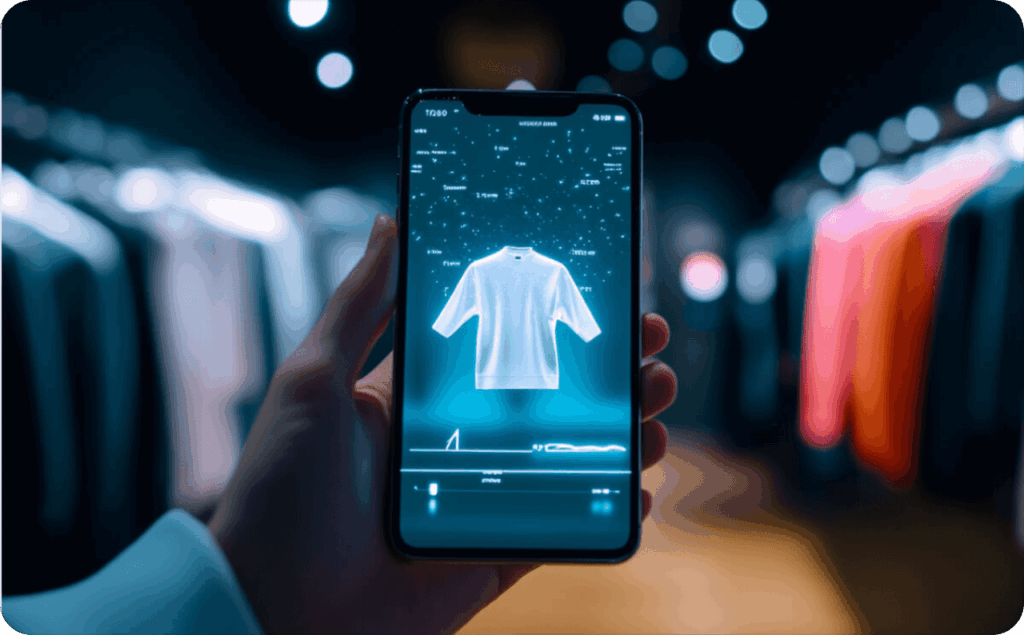 A man in a clothing store. He is holding a phone in his hand. A T-shirt is shown on the screen. There are racks of clothes in the background of the hand with the phone.
