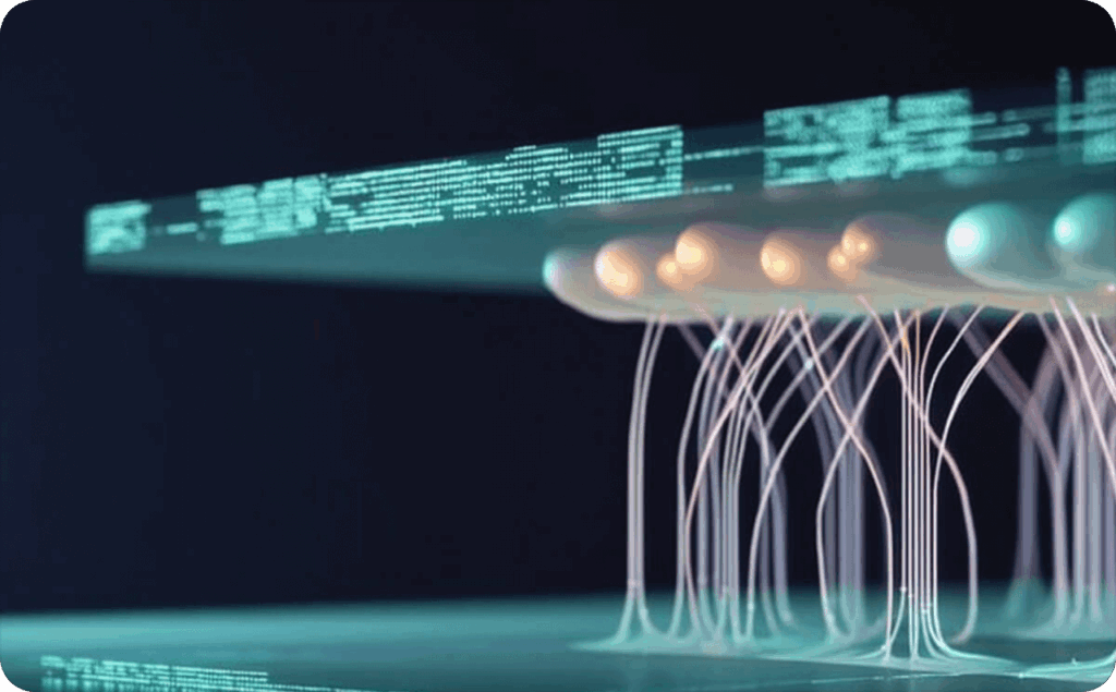 A system consisting of two luminous blue elements that are connected by white elements