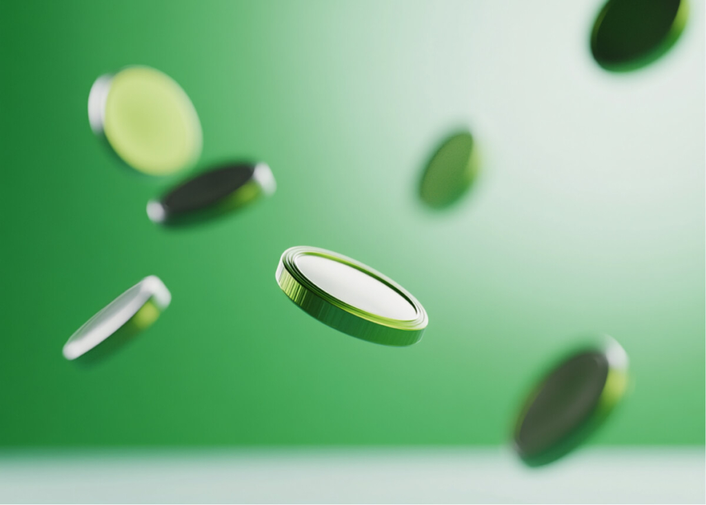 Golden coins on a green background