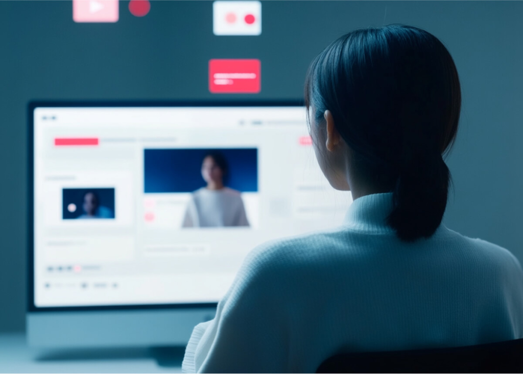 A girl sits in front of a computer monitor