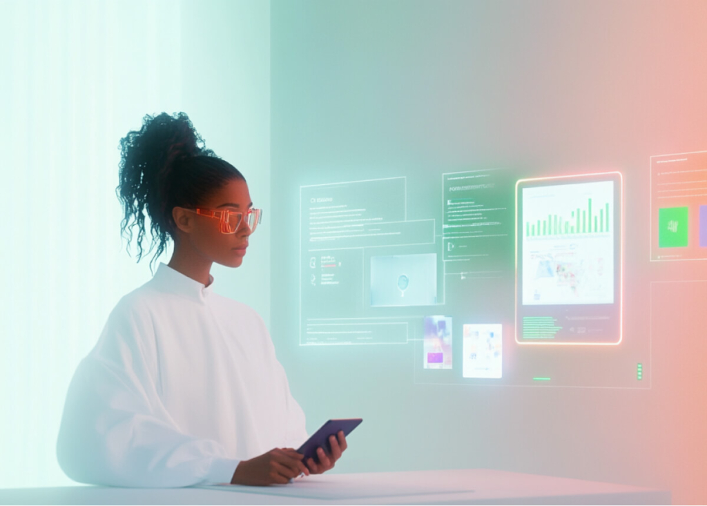 A girl in white clothes, orange glasses and black hair tied up. She is standing in a room with projections of graphs on the wall. The girl is holding a tablet in her hands.