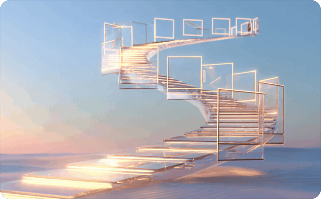 A stair on a pink and blue background with windows hovering around it