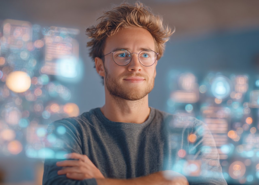A man in a gray T-shirt with blond hair and glasses