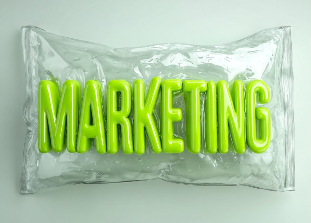 Transparent plastic bag with bright green inscription marketing