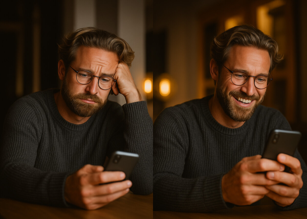 One man in two parts of the image. He holds a phone in his hands. In one part of the image the man smiles, and in the other he is sad.