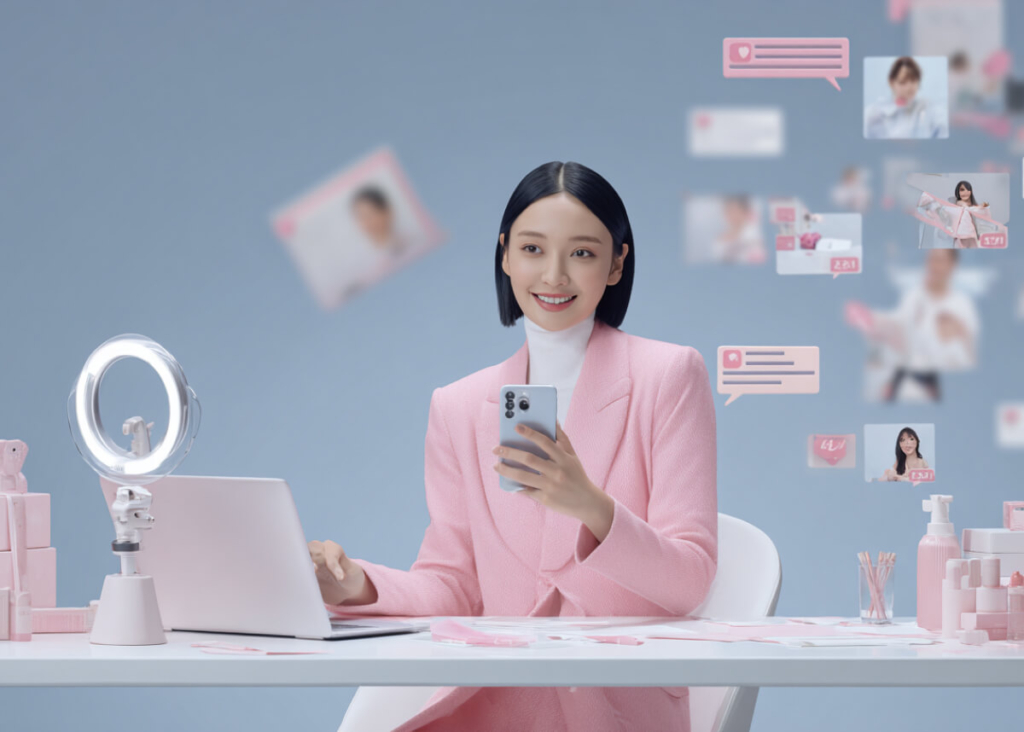 A girl in a pink suit with short black hair is sitting at a computer. She is holding a phone in her hands. There is a laptop, a lamp, and various bottles on the table.
