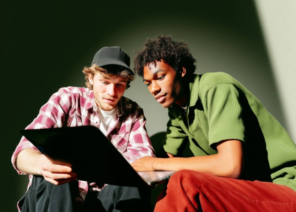 Two men are sitting and looking at a tablet, one is wearing a cap, he is dressed in a checkered shirt, the second is dressed in a green T-shirt