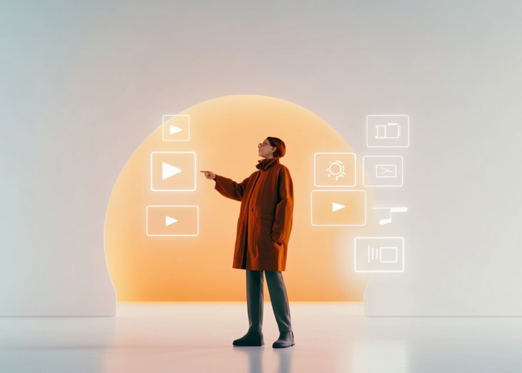 A woman with a short haircut and glasses. She is wearing a brown jacket and dark gray pants. The woman is standing against an orange circle. There are different icons around her.