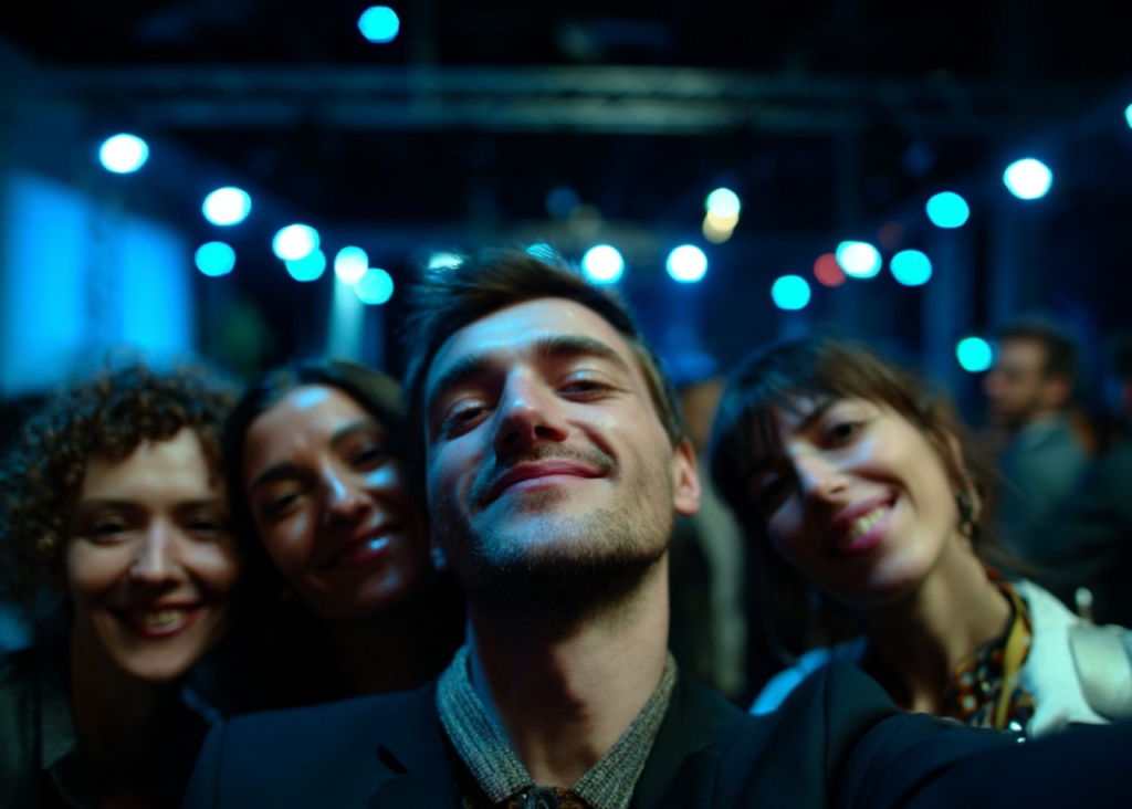 4 people taking selfie on blue background