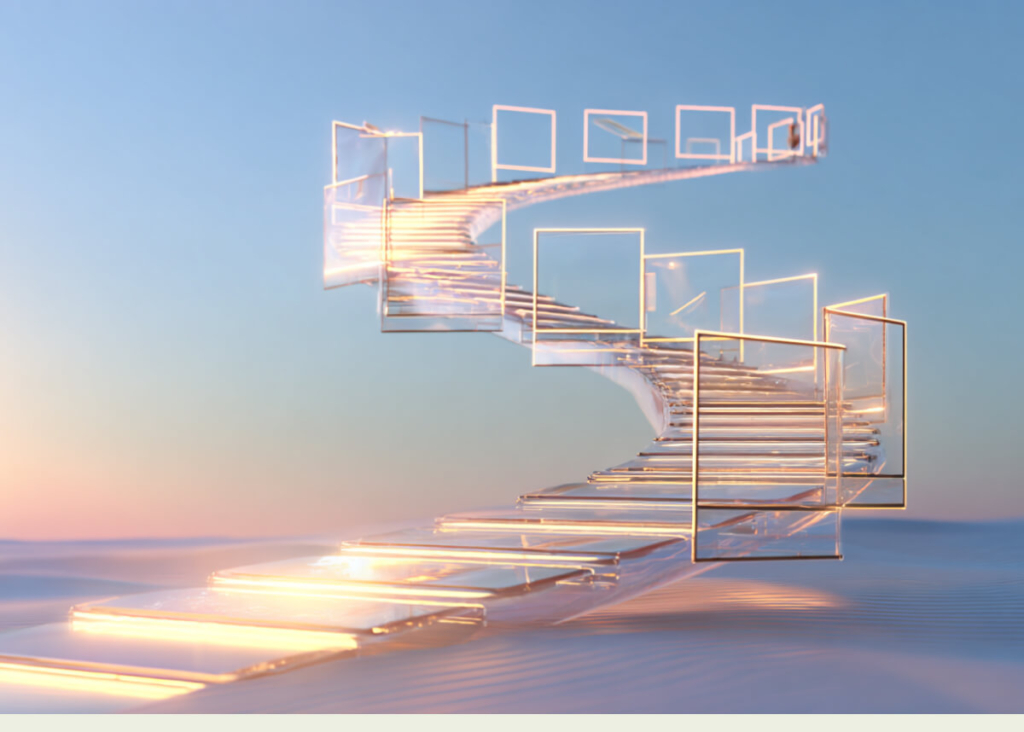 A stair on a pink and blue background with windows hovering around it