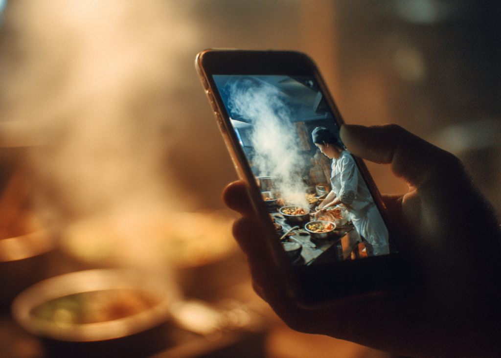 Hand with phone. There is a person on the phone screen