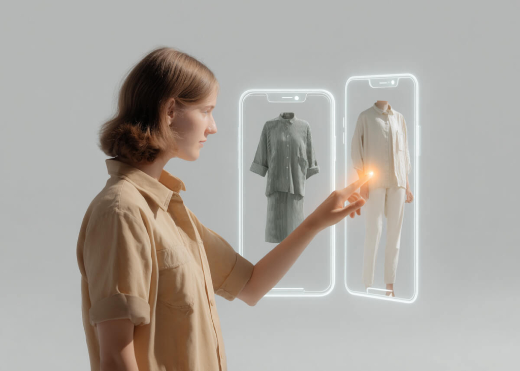 A girl with short hair in a beige T-shirt clicks on a touch screen.