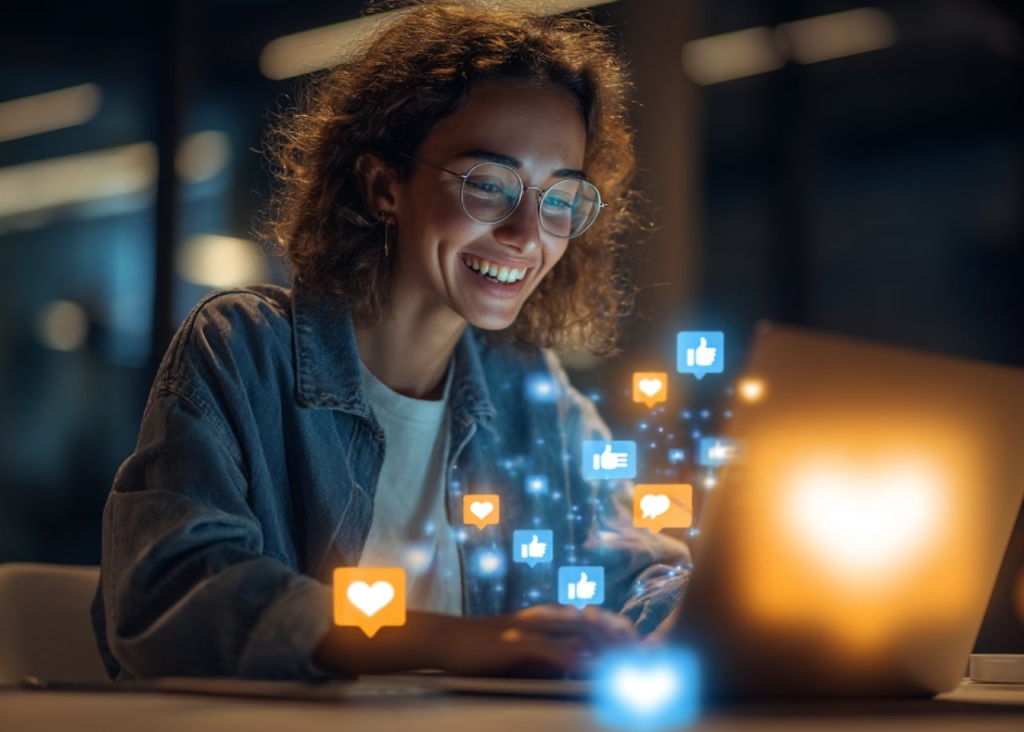 A girl with curly hair and glasses. She is wearing a white T-shirt and a denim jacket. The girl is sitting at a laptop and smiling. There are «like» icons around the laptop.