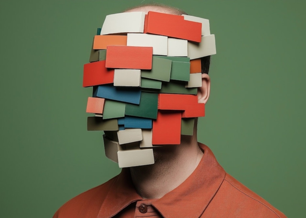Silhouette of a man on a green background, with multi-colored rectangles instead of a face