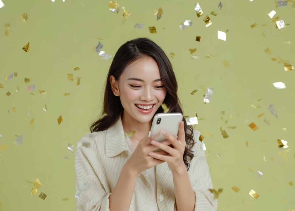 A girl with dark hair and a light shirt stands on a beige background with a phone in her hands