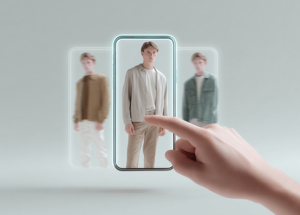 A hand clicks on a touch screen. The screen shows a man in light clothing. There are two more screens next to this screen.