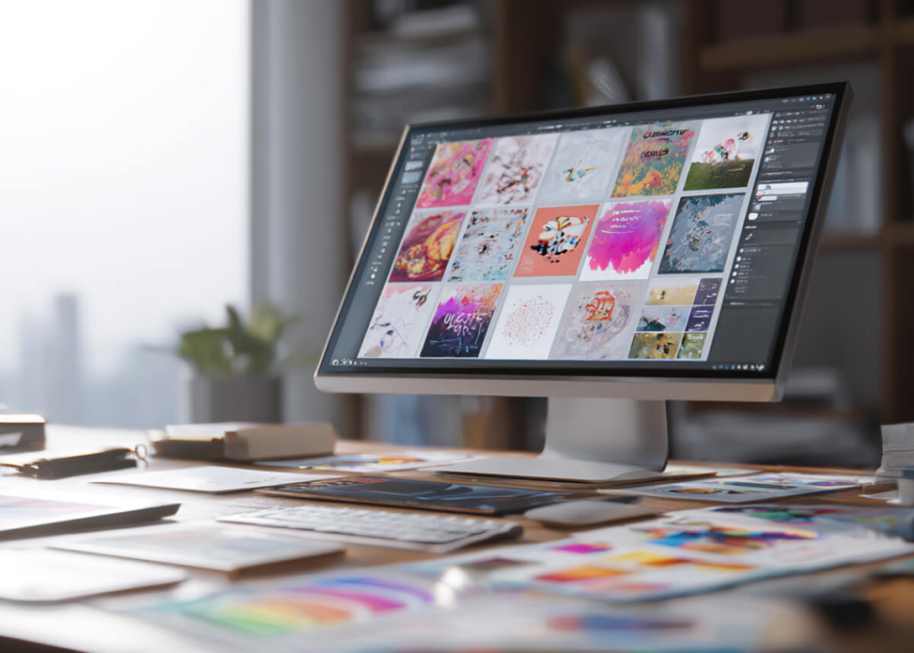 A desk with sketches on it. There is a monitor on the desk showing different pictures.