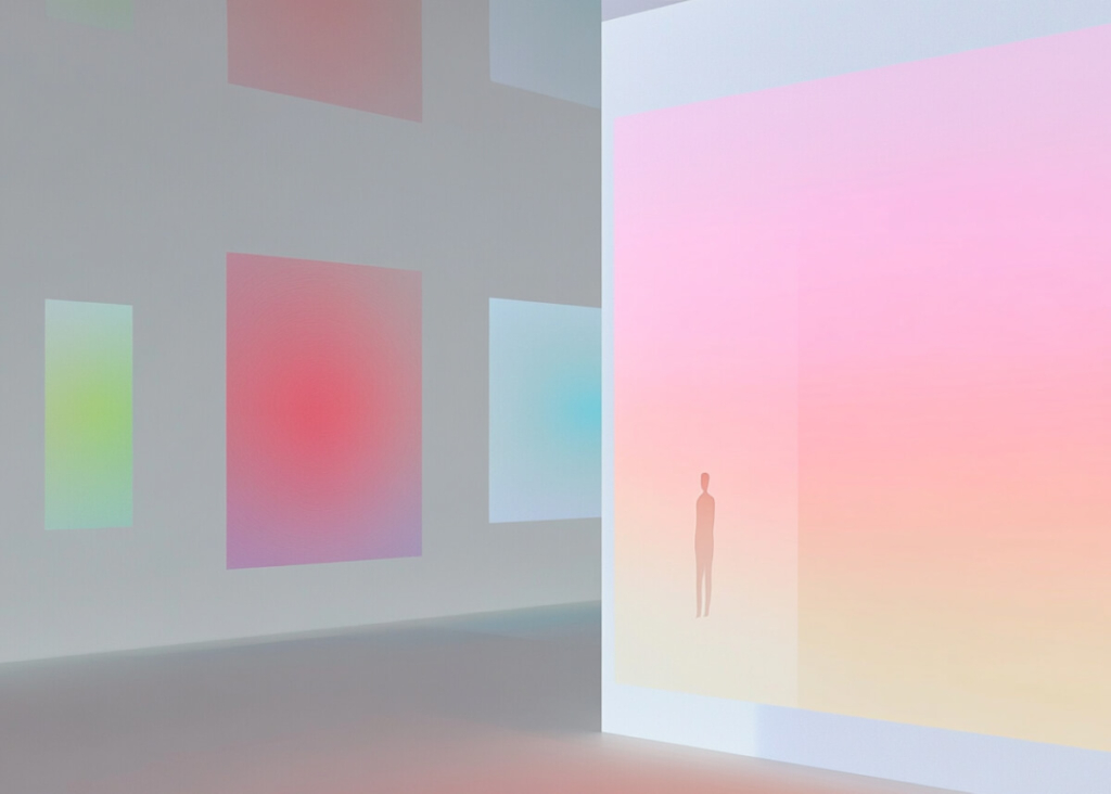 On the right side of the image is a human figure on a pink background. On the left side of the image are blue, red and green geometric shapes on a gray background.