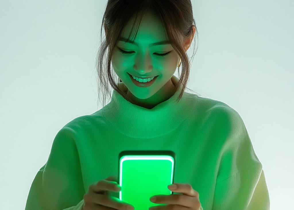 A girl in a light sweater holds a bright green phone in her hands