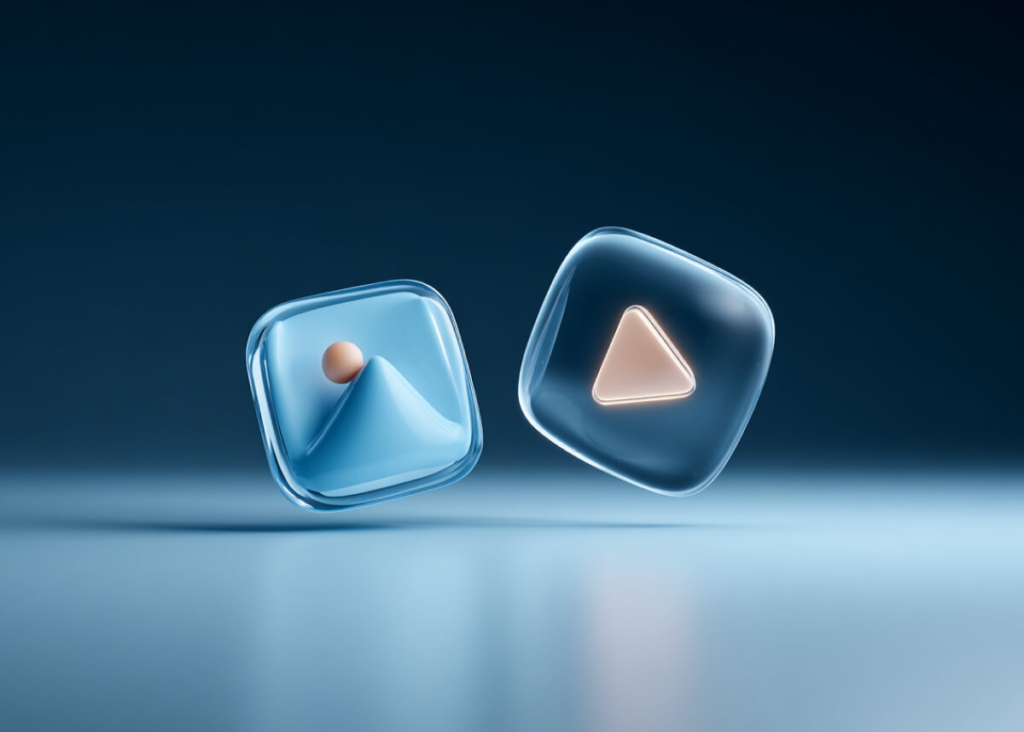 Two cubes on a blue background. One has a picture icon on it, and the other has a play icon.