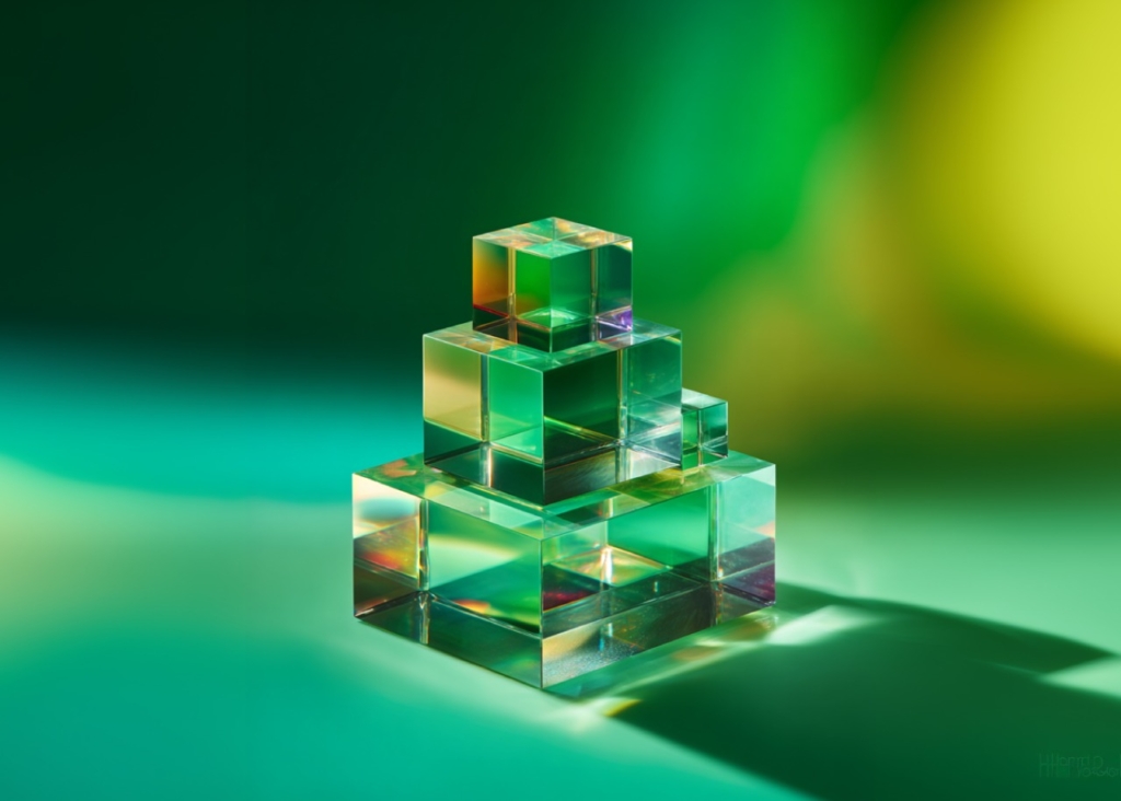 transparent cubes arranged in a pyramid on a green background