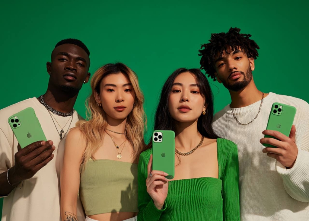 Two men and two women on a green background. One woman and the men are holding phones in green cases