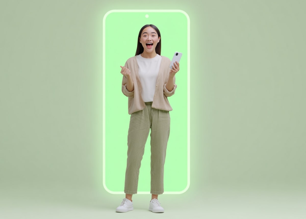 A girl in a light suit holds a phone in her hands. She stands against the background of a green smartphone screen.