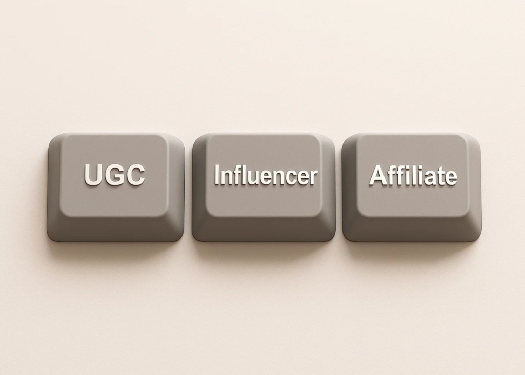 Three buttons on a beige background with inscriptions UGC, Influencer, Affiliate