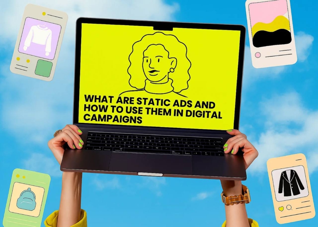 Two hands holding a laptop against the sky, a girl is drawn on the yellow screen