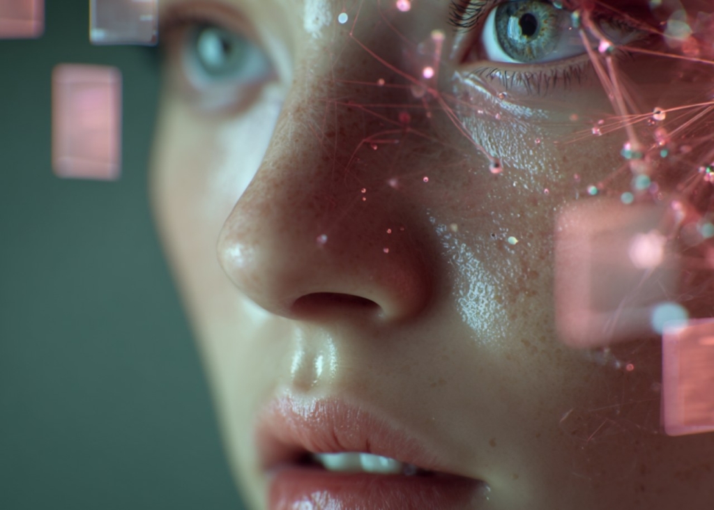 girl's face with green eyes, pink rectangles around her