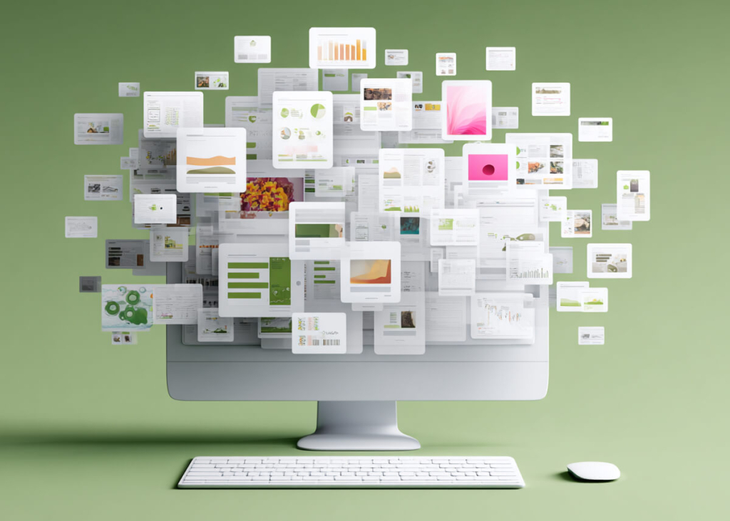 Computer on a green background. Instead of a screen, there are a large number of windows with different images