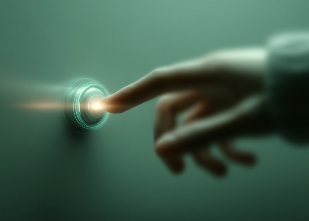 Hand on dark green background, finger reaching for glowing button