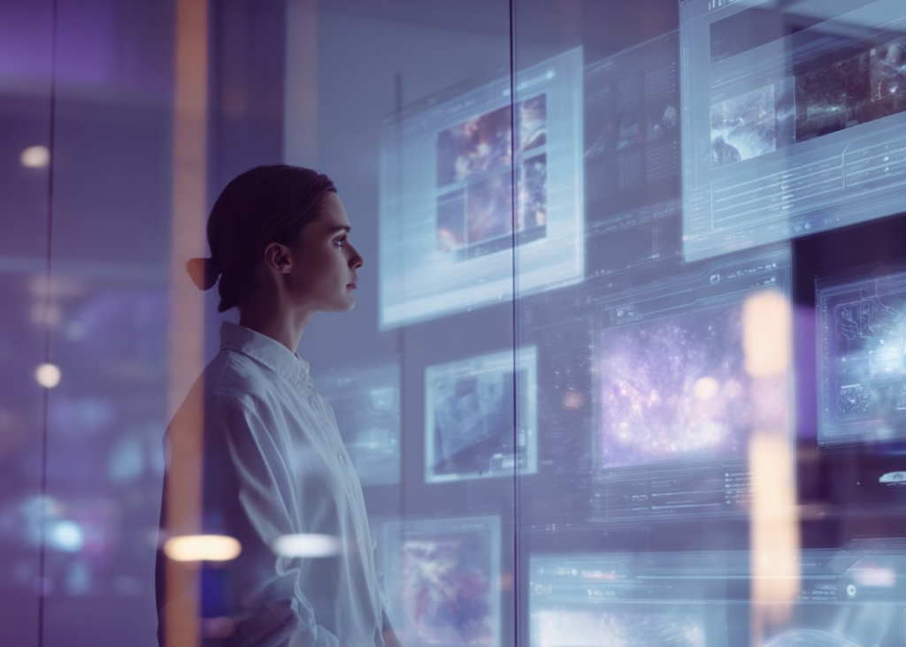 a girl with her hair up and in a white shirt stands in front of the screens