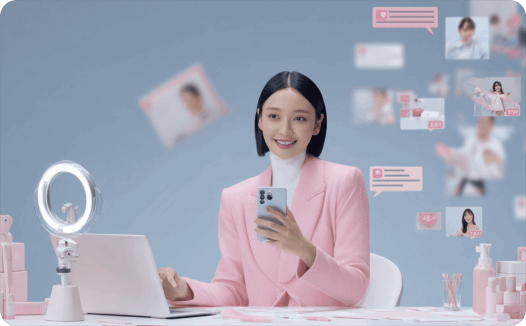 A girl in a pink suit with short black hair is sitting at a computer. She is holding a phone in her hands. There is a laptop, a lamp, and various bottles on the table.