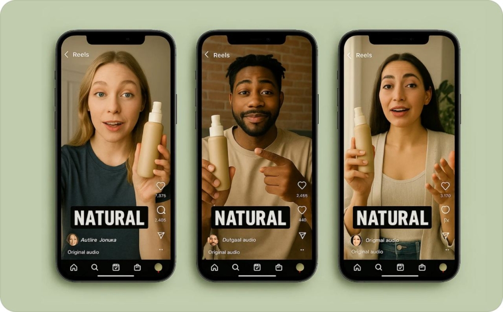 Three phone screens displaying UGC video fragments 