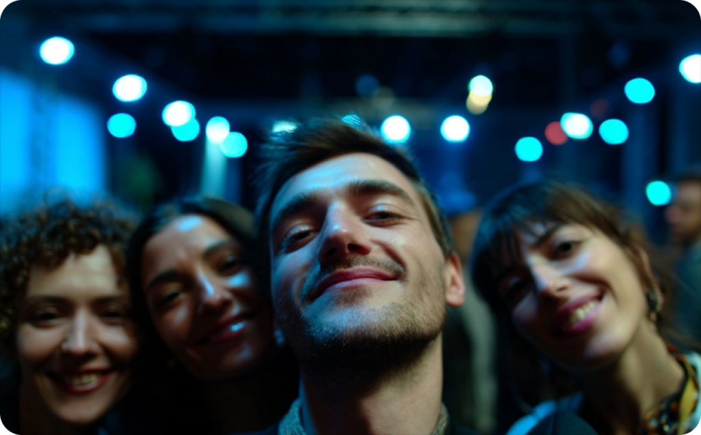 4 people taking selfie on blue background