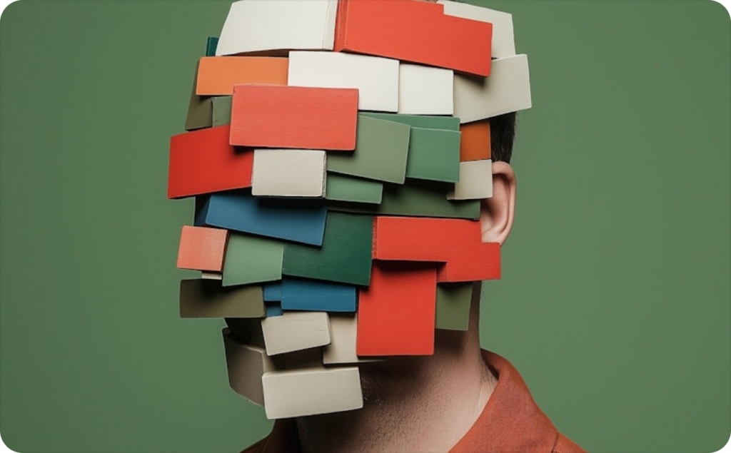 Silhouette of a man on a green background, with multi-colored rectangles instead of a face