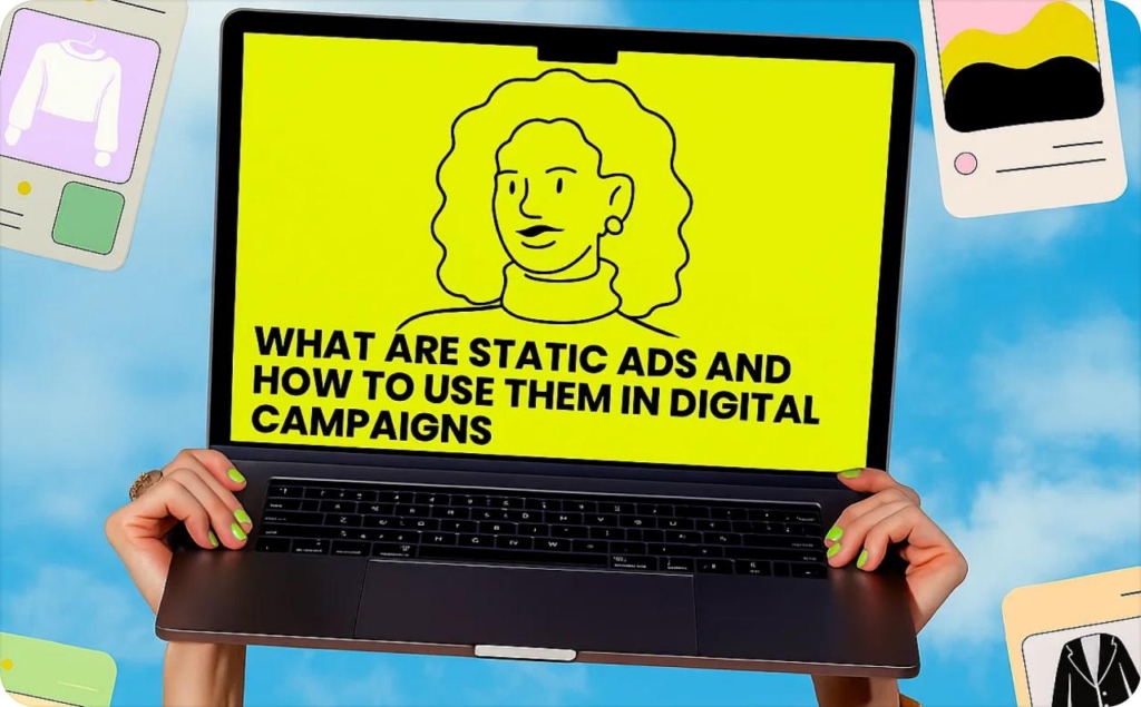 Two hands holding a laptop against the sky, a girl is drawn on the yellow screen