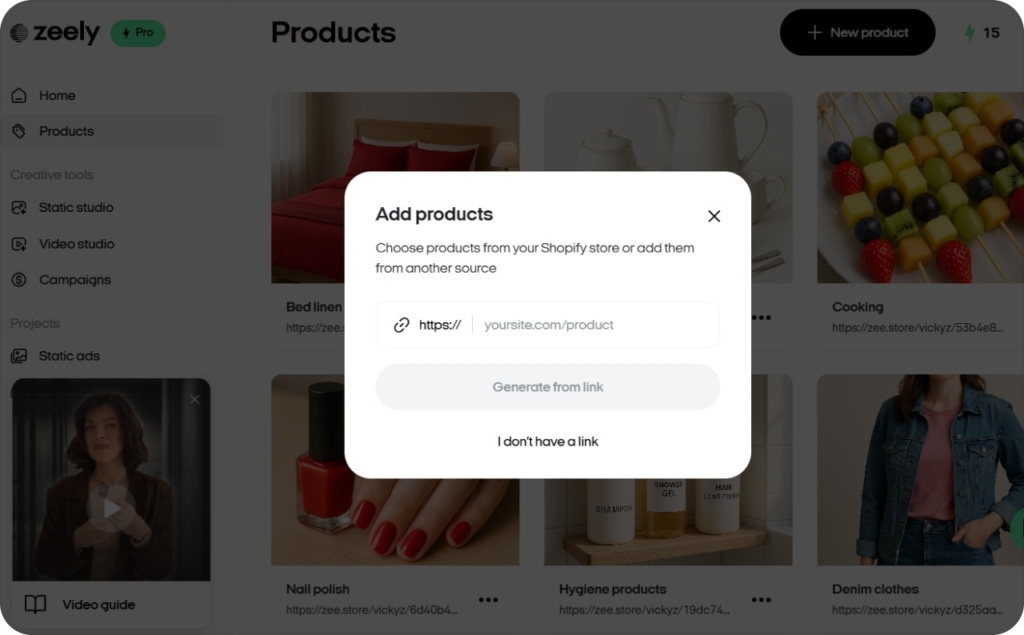 Screenshot of Zeely AI when adding products