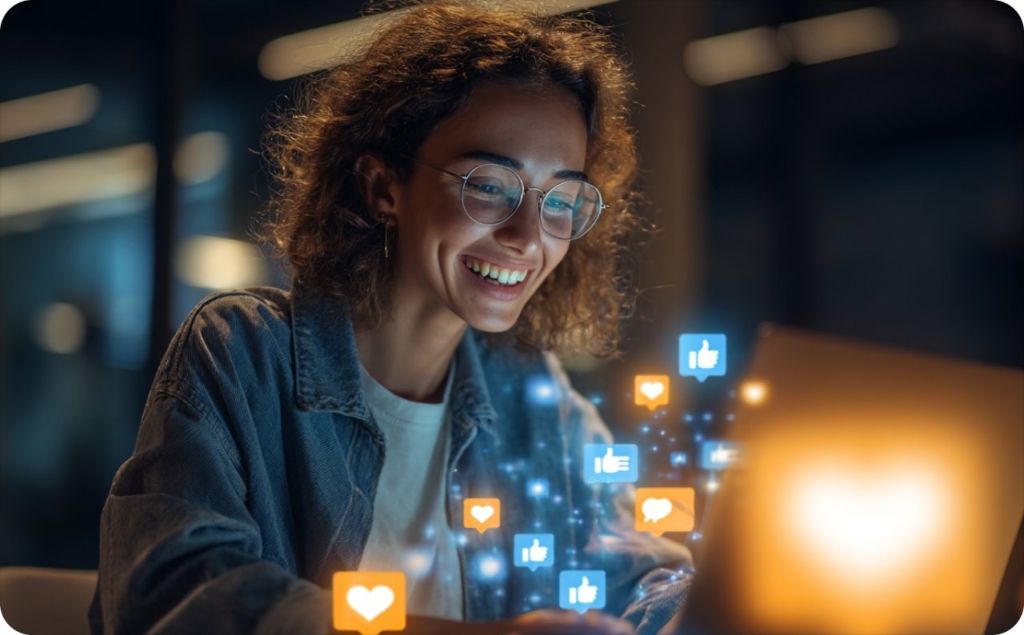 A girl with curly hair and glasses. She is wearing a white T-shirt and a denim jacket. The girl is sitting at a laptop and smiling. There are «like» icons around the laptop.